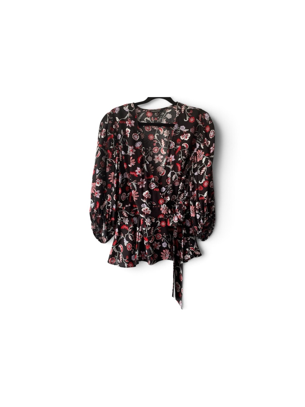 Banana Republic Floral Wrap Peplum Blouse XS Black Pink Tie Waist Romantic